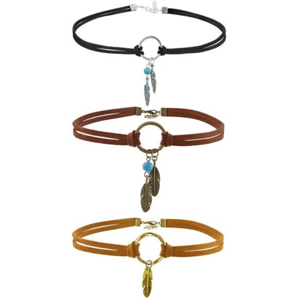 Native American Bohemian Feather Charm Handmade PU Leather Choker Necklace - Picture 7 of 8